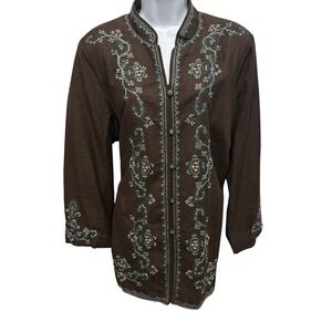 Silk Land Woman Brown Silk Embroidered Beaded Mandarin Collar Jacket Plus 2X